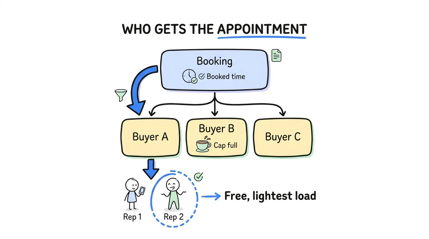 Booking funnel routing shown as a booking passing a buyer with a full cap and going to the free rep with the lightest load