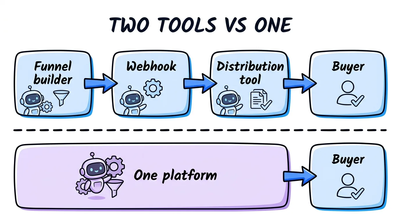best funnel builder setup compared as a funnel builder plus a separate distribution tool versus one platform that sends leads to buyers