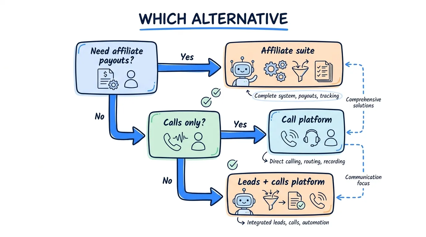 LeadsPedia alternatives decision flowchart shown through yes and no branches for affiliate payouts and call-only operations
