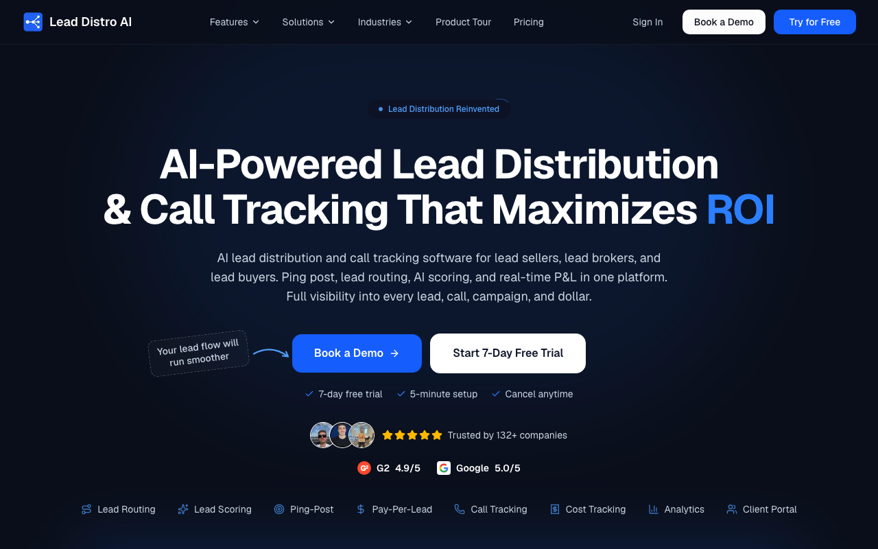 Lead Distro AI homepage, AI-powered lead and call distribution platform