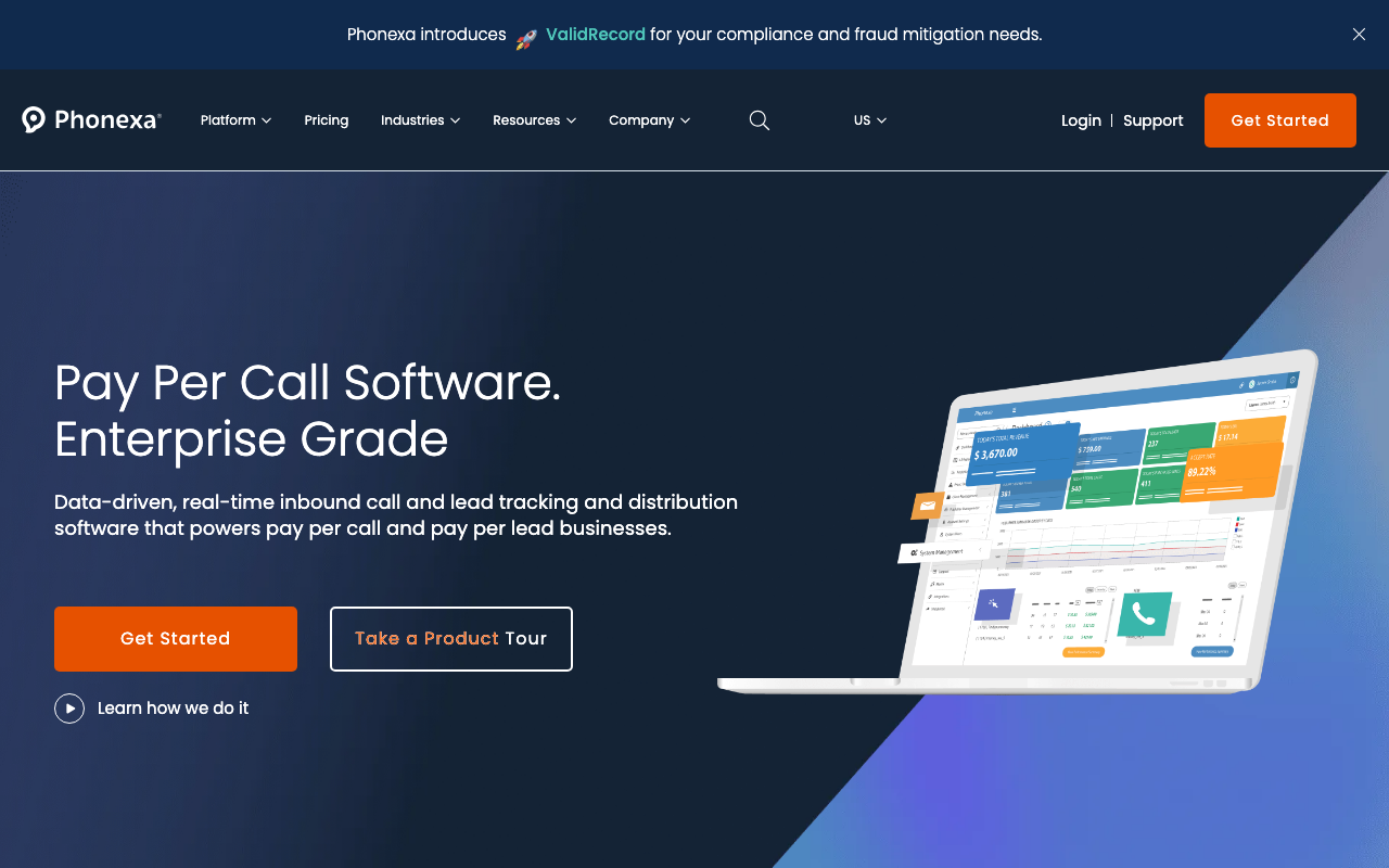 Phonexa homepage, enterprise call and lead distribution platform