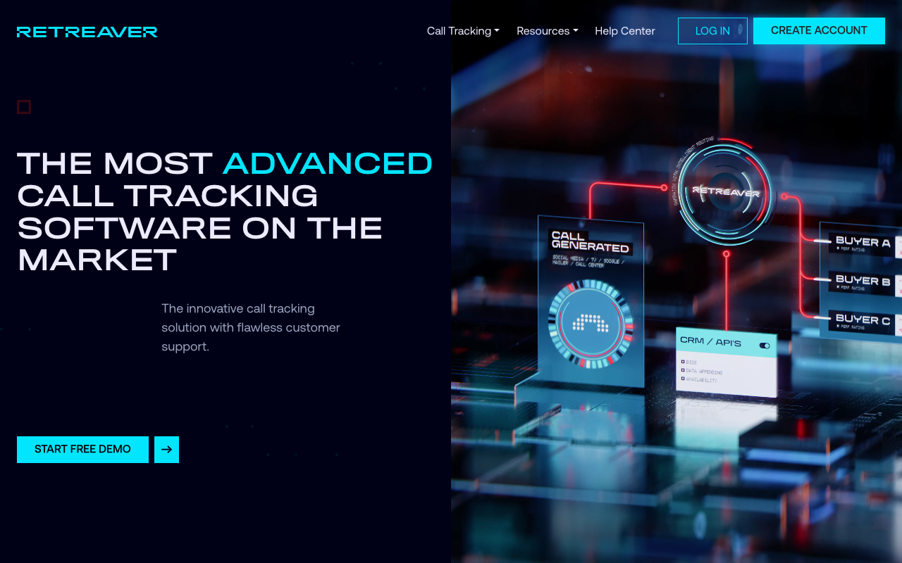 Retreaver homepage, call tracking and routing platform