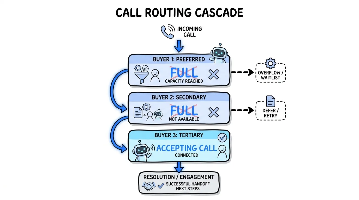 call routing software shown through a buyer waterfall that pings ranked buyers until one accepts the call