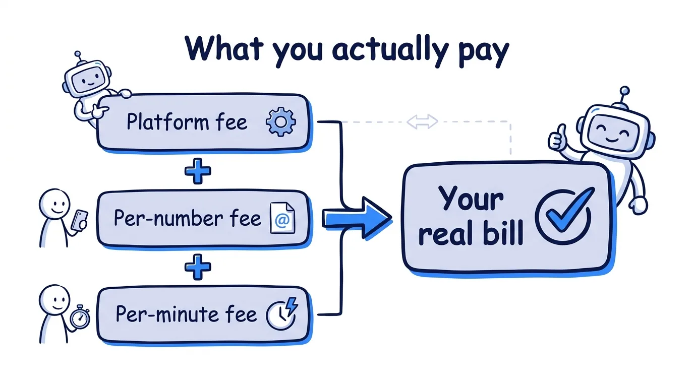A simple hand-drawn navy and electric-blue (#3b82f6) napkin diagram titled "What you actually pay"