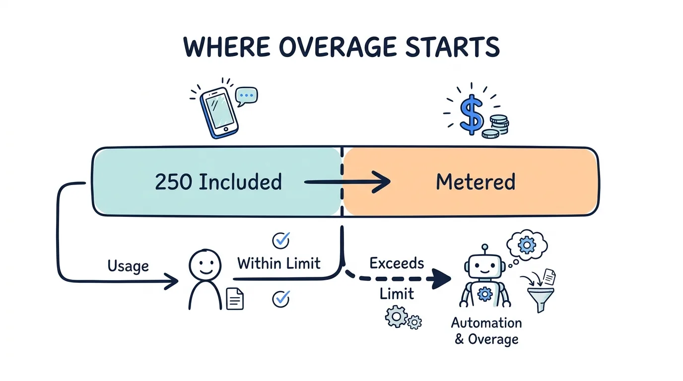 CallRail pricing overage explained through a bar showing 250 included minutes before metered usage begins