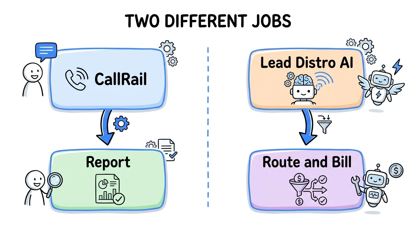 CallRail pricing compared to Lead Distro AI through a diagram of reporting versus routing and billing