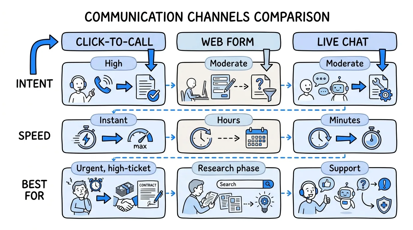 click-to-call compared with web forms and live chat on intent, speed, and best use