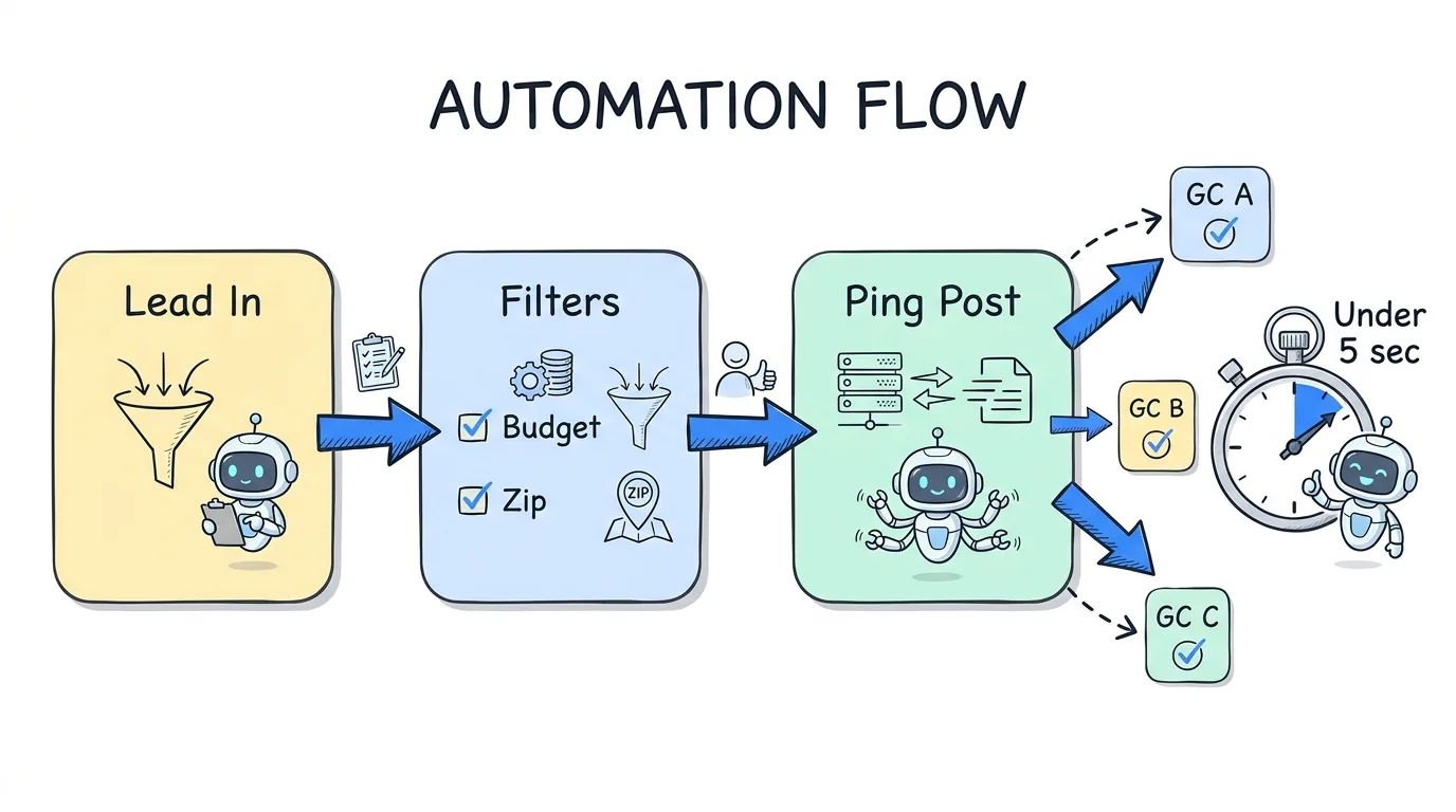 Construction leads routing flow showing intake filters, ping post bidding, and delivery to three general contractors in under five seconds