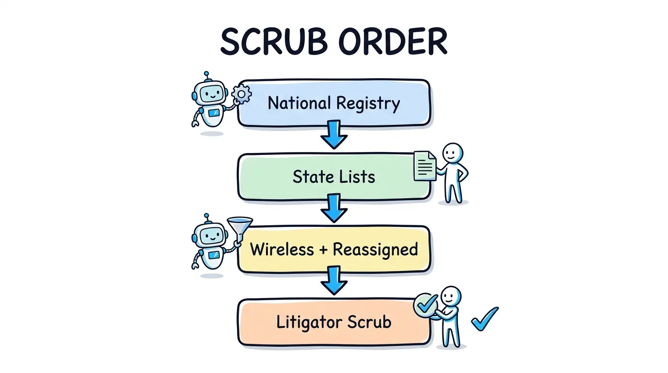 dnc scrubbing shown as a four-step order from national registry to state lists to wireless to litigator scrub