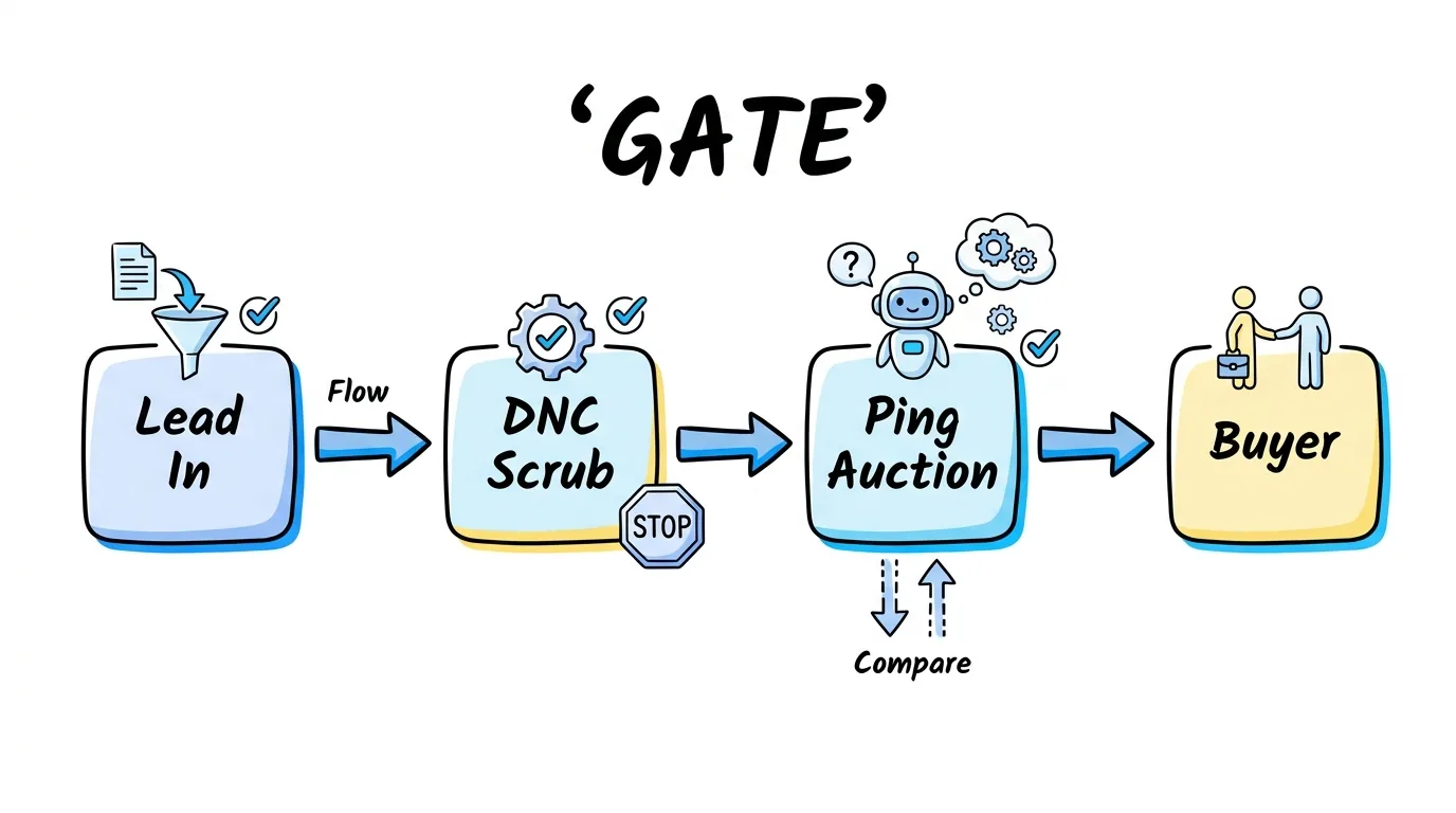 dnc scrubbing shown as a gate between lead intake and the ping auction in a ping-post flow