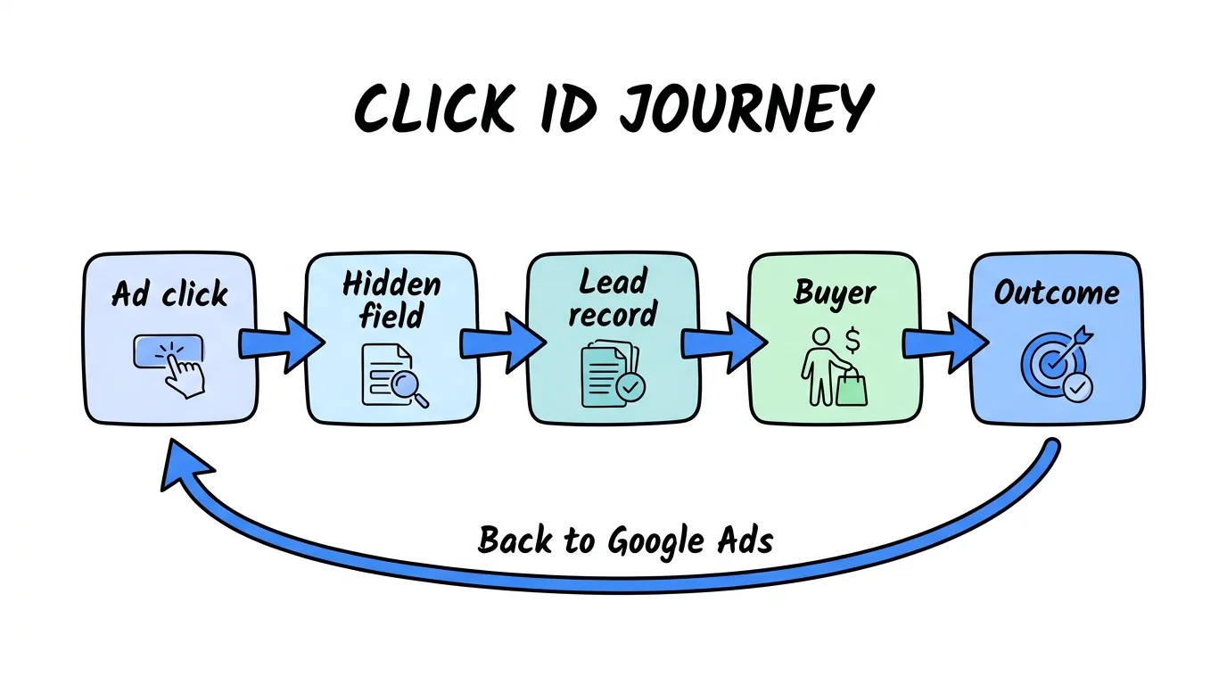 gclid shown through the journey from ad click to hidden field, lead record, and buyer outcome