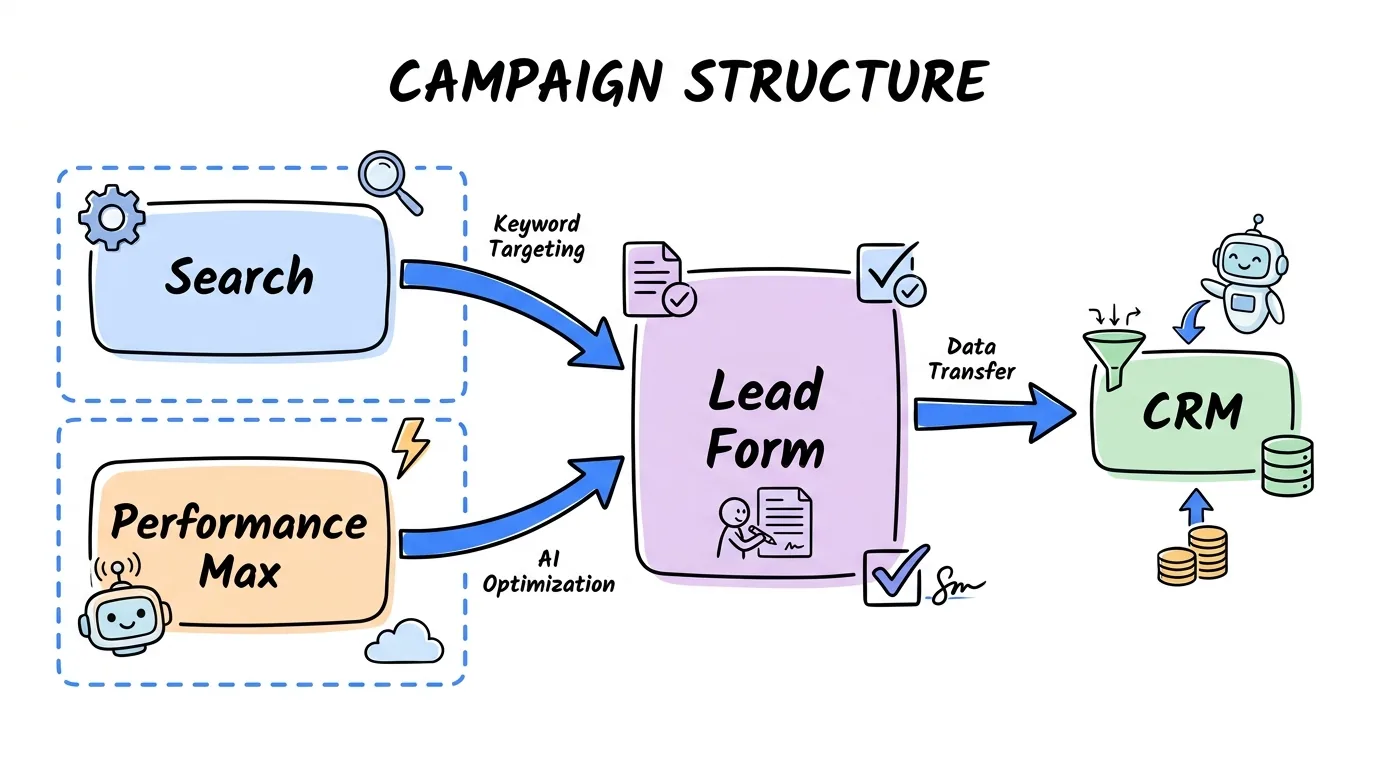 Google ads for lead generation shown as search and Performance Max campaigns feeding one lead form