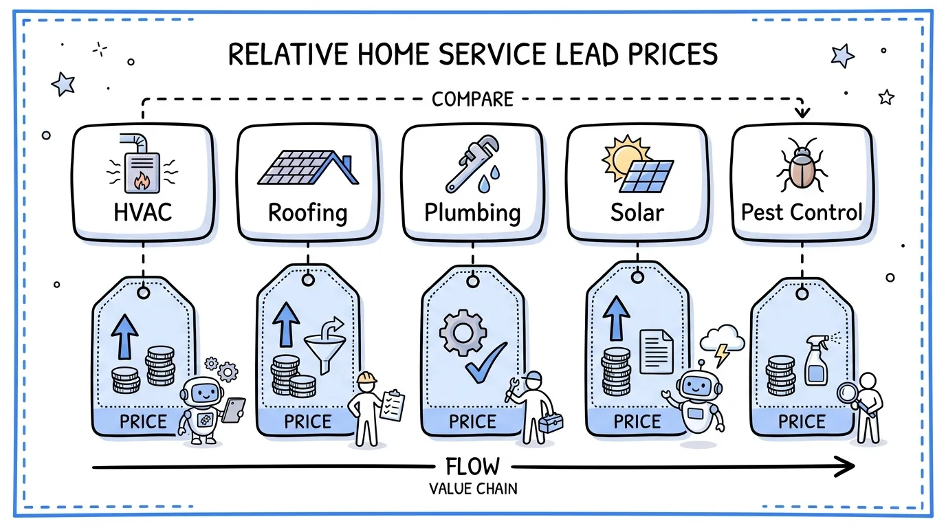Home services pay per lead agency trade comparison shown across five verticals in a napkin diagram