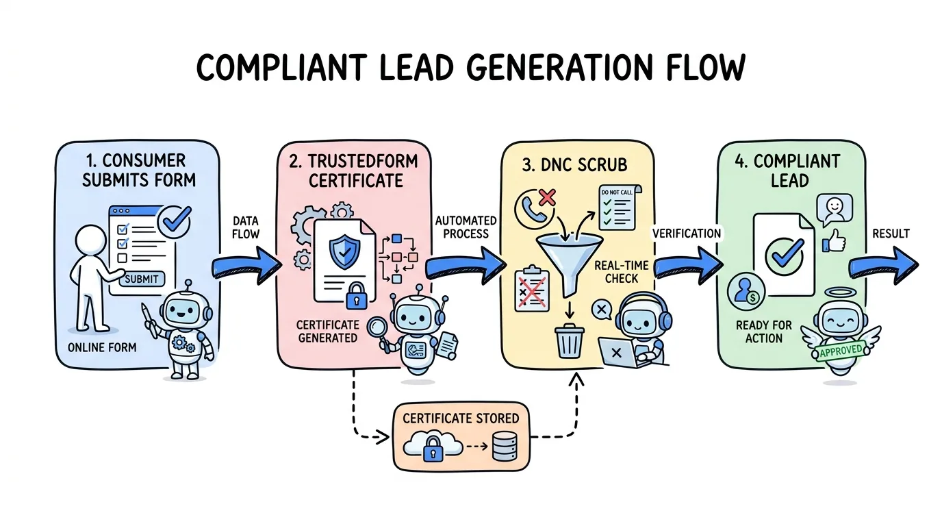 insurance lead generation agency compliance flow shown through TrustedForm certificate and DNC scrub steps