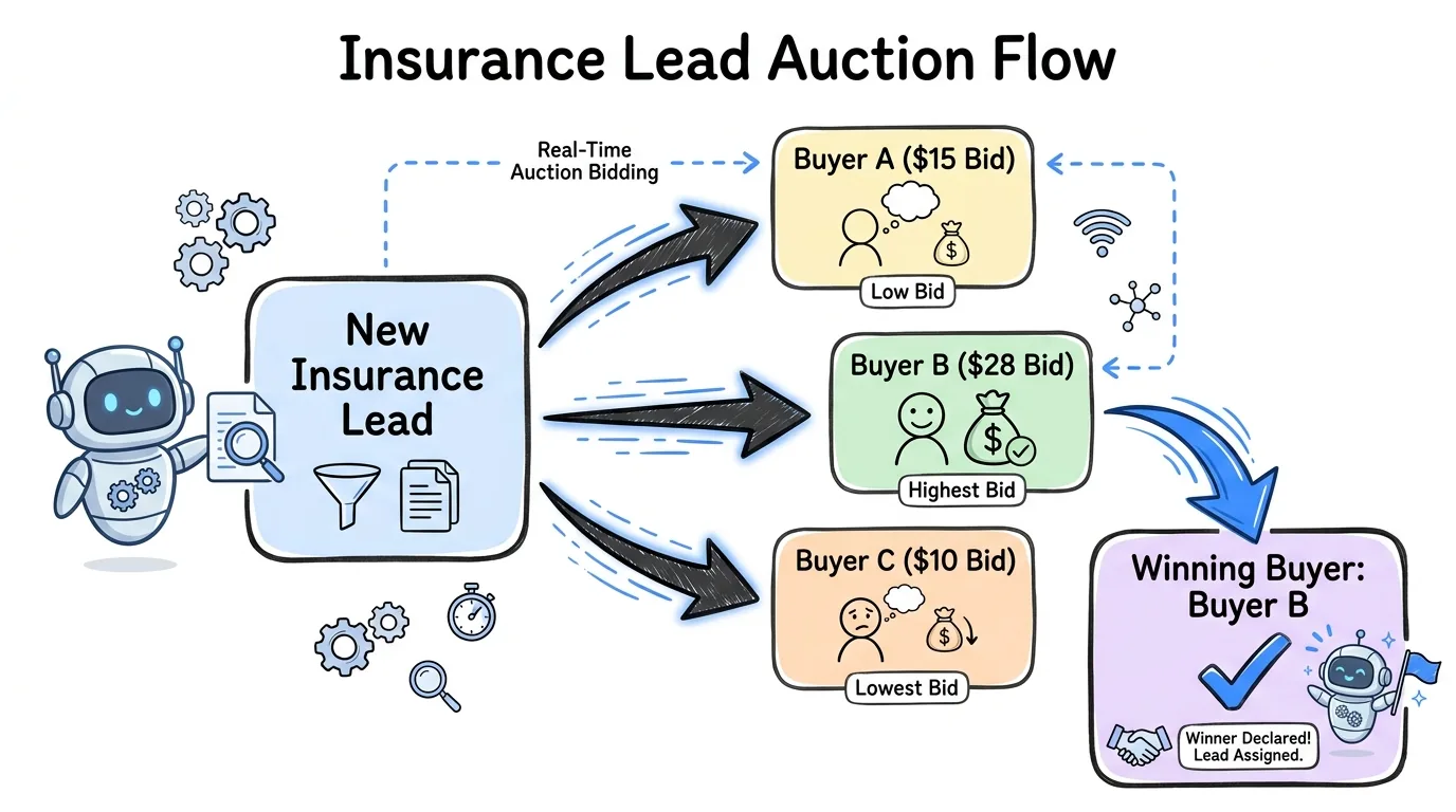 insurance lead generation agency ping-post auction shown through a new lead routing to competing buyer bids