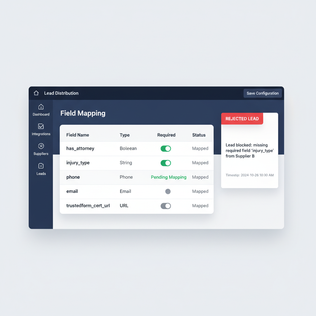 Lead distribution software field validation interface showing required fields for lead brokers and suppliers