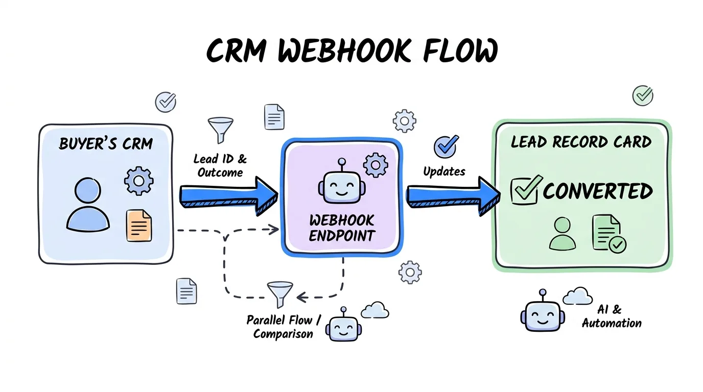 lead buyer portal shown through a CRM outcome webhook flow from a buyer CRM to a converted lead record