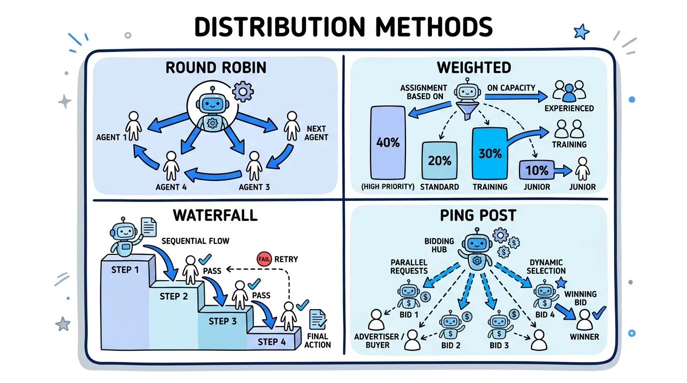 Lead distribution models compared in a grid of mini diagrams