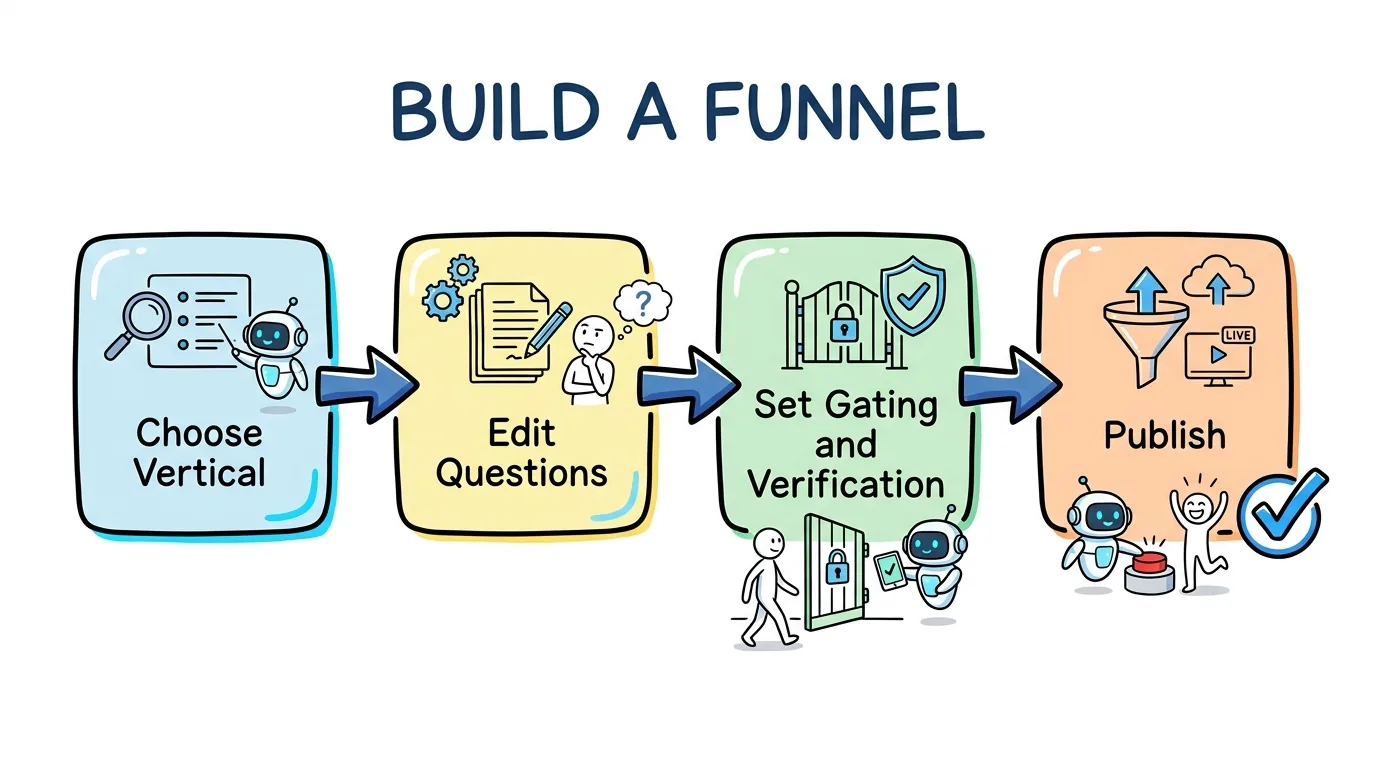 funnel templates workflow showing choose vertical, edit questions, set gating and verification, and publish steps