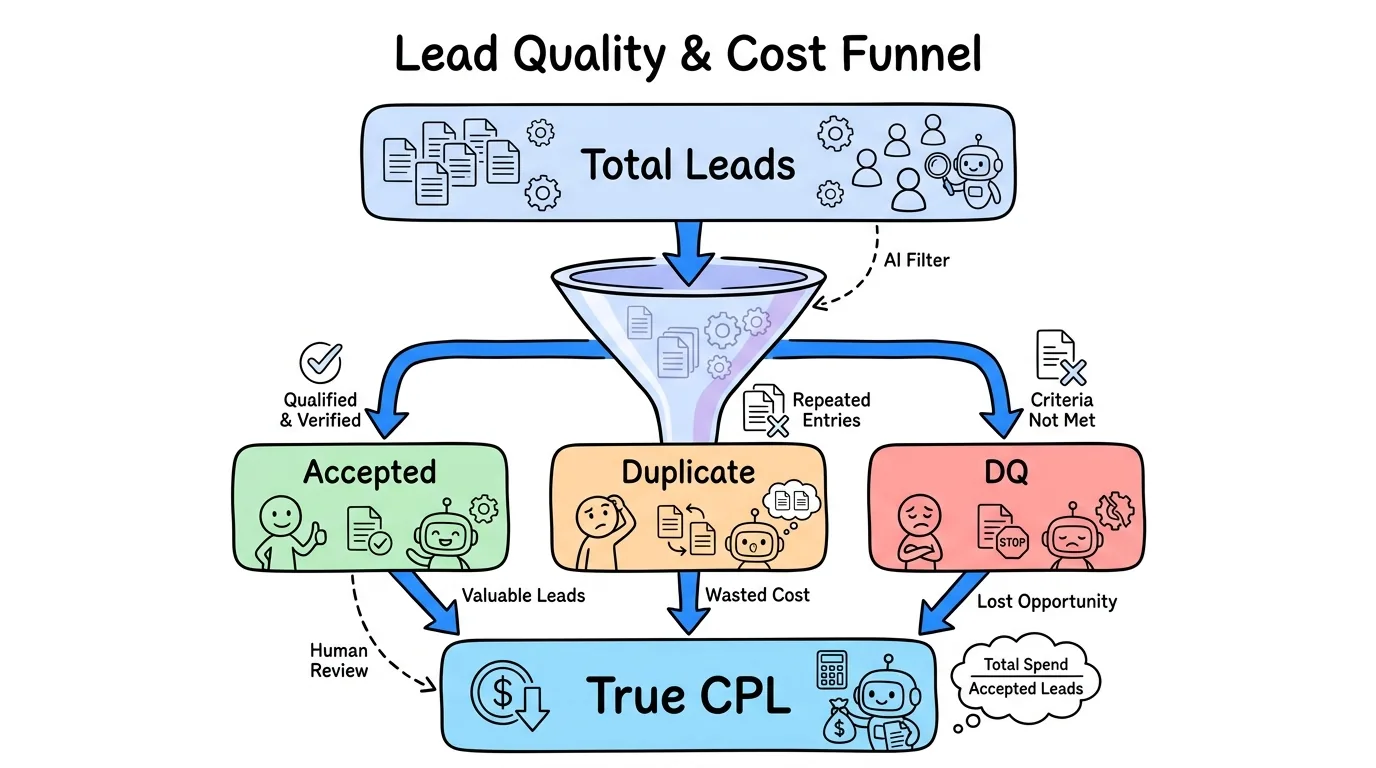 lead distro ai media buy lead funnel from total leads down to accepted, duplicate, and disqualified