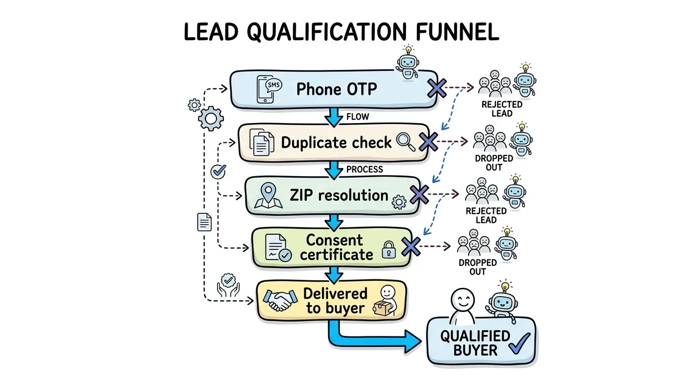 lead fraud prevention as layered server-side checks from phone OTP to duplicate check, ZIP resolution, and consent certificate before delivery