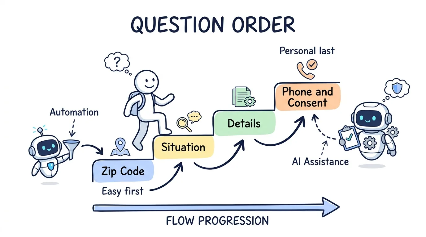 funnel optimization question order shown as a staircase from easy questions to phone and consent last