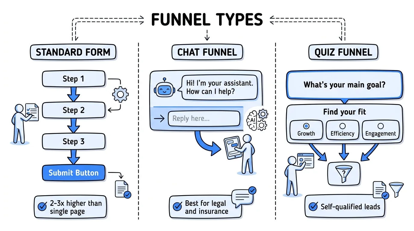 lead generation funnel types comparison showing standard form chat funnel and quiz funnel formats