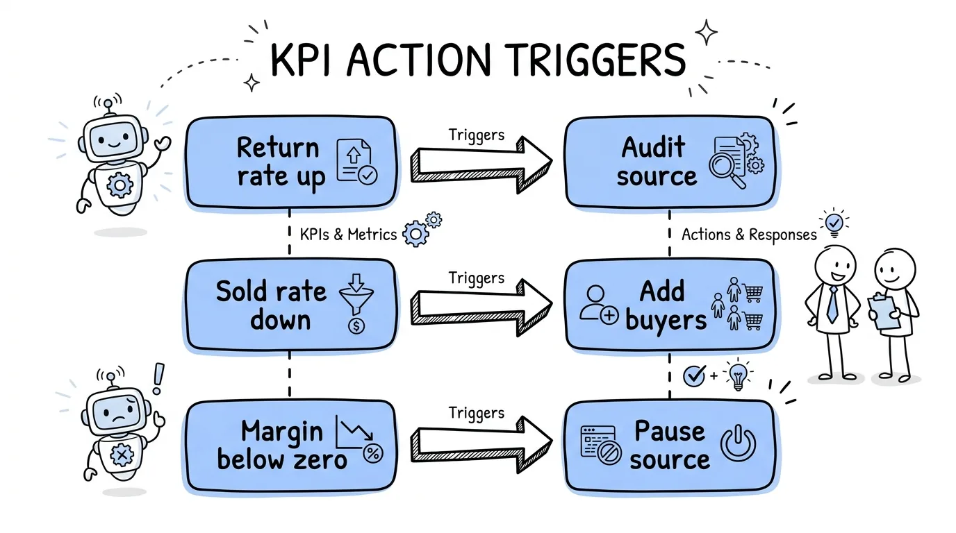 lead generation kpis shown as action triggers linking return rate, sold rate and margin to the next step