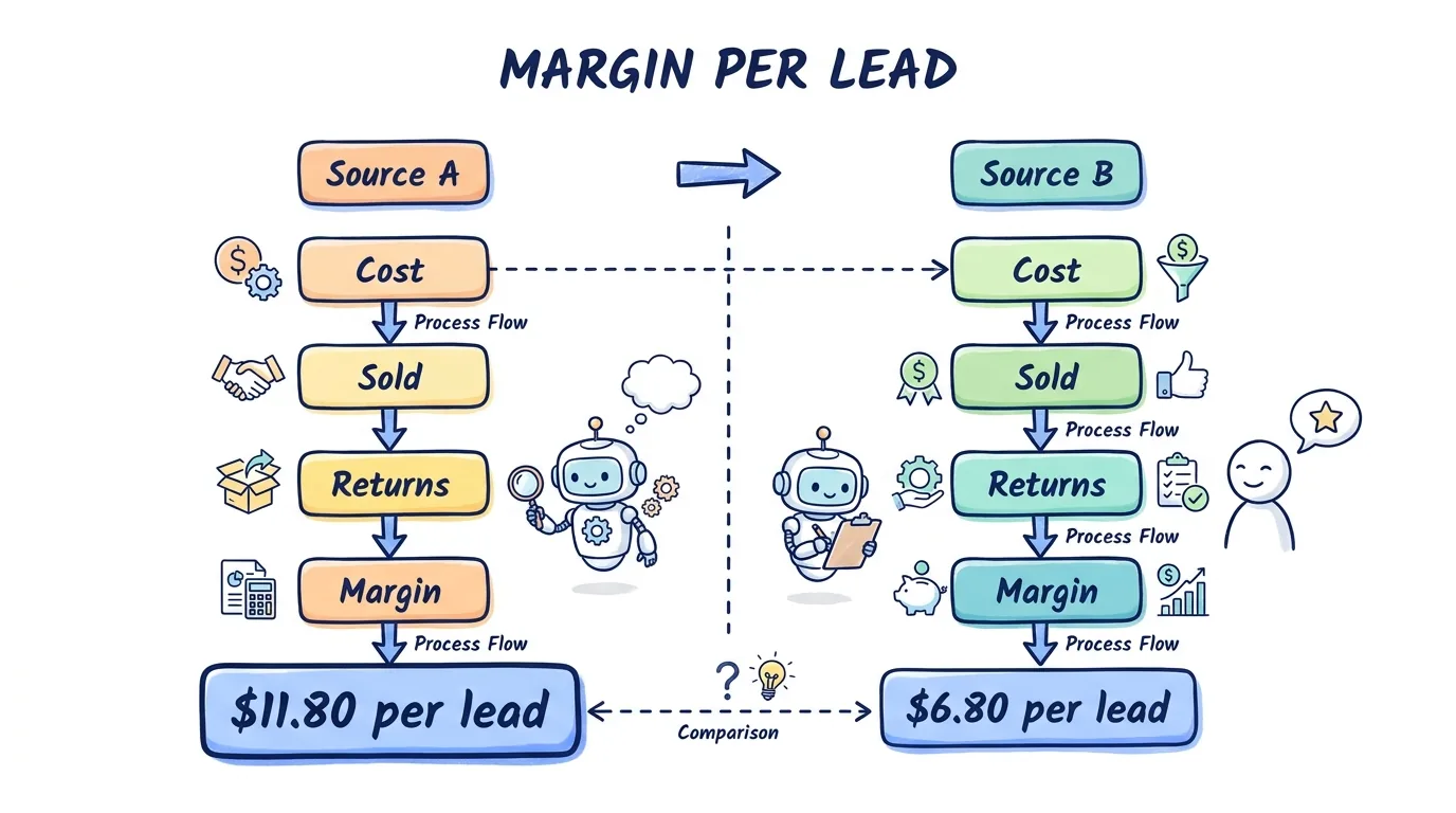 lead generation kpis compared as margin per lead for two sources after sold rate and returns
