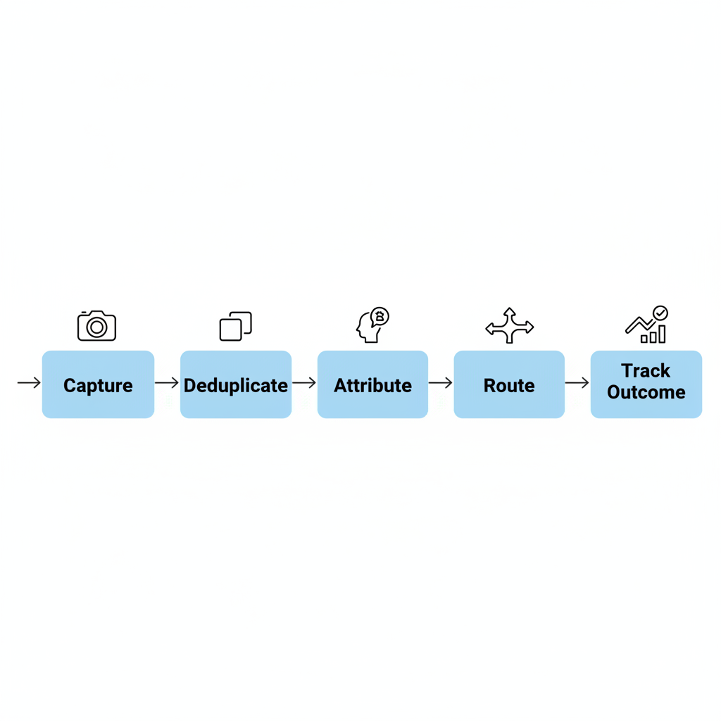 lead tracking software framework flowing from lead capture through deduplication, attribution, routing, and outcome tracking