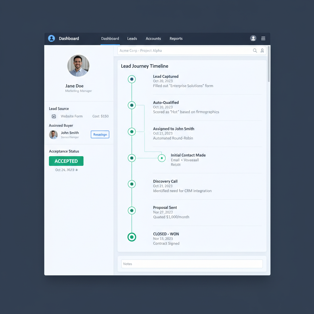 lead tracking software record in Lead Distro AI showing source, cost, buyer assignment, and outcome timeline