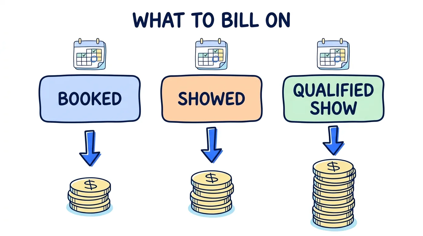 Pay per appointment lead generation billing options shown as booked, showed and qualified show columns with rising prices