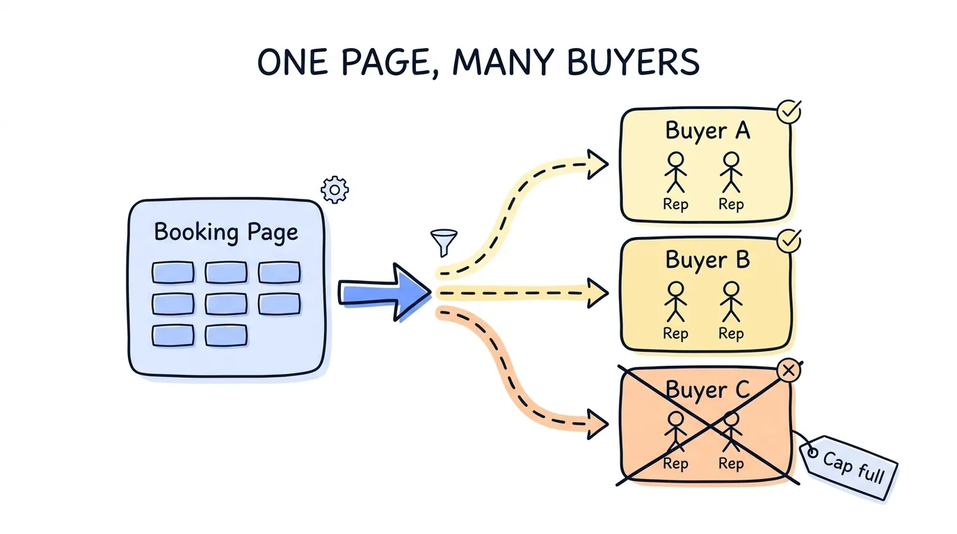 Pay per appointment lead generation booking page pooling open times across several buyers and skipping a buyer whose cap is full