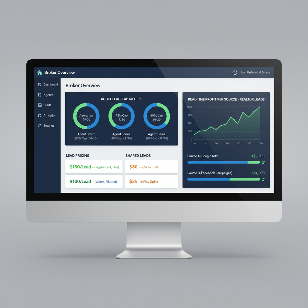 real estate lead distribution software broker dashboard showing lead caps and per-lead pricing