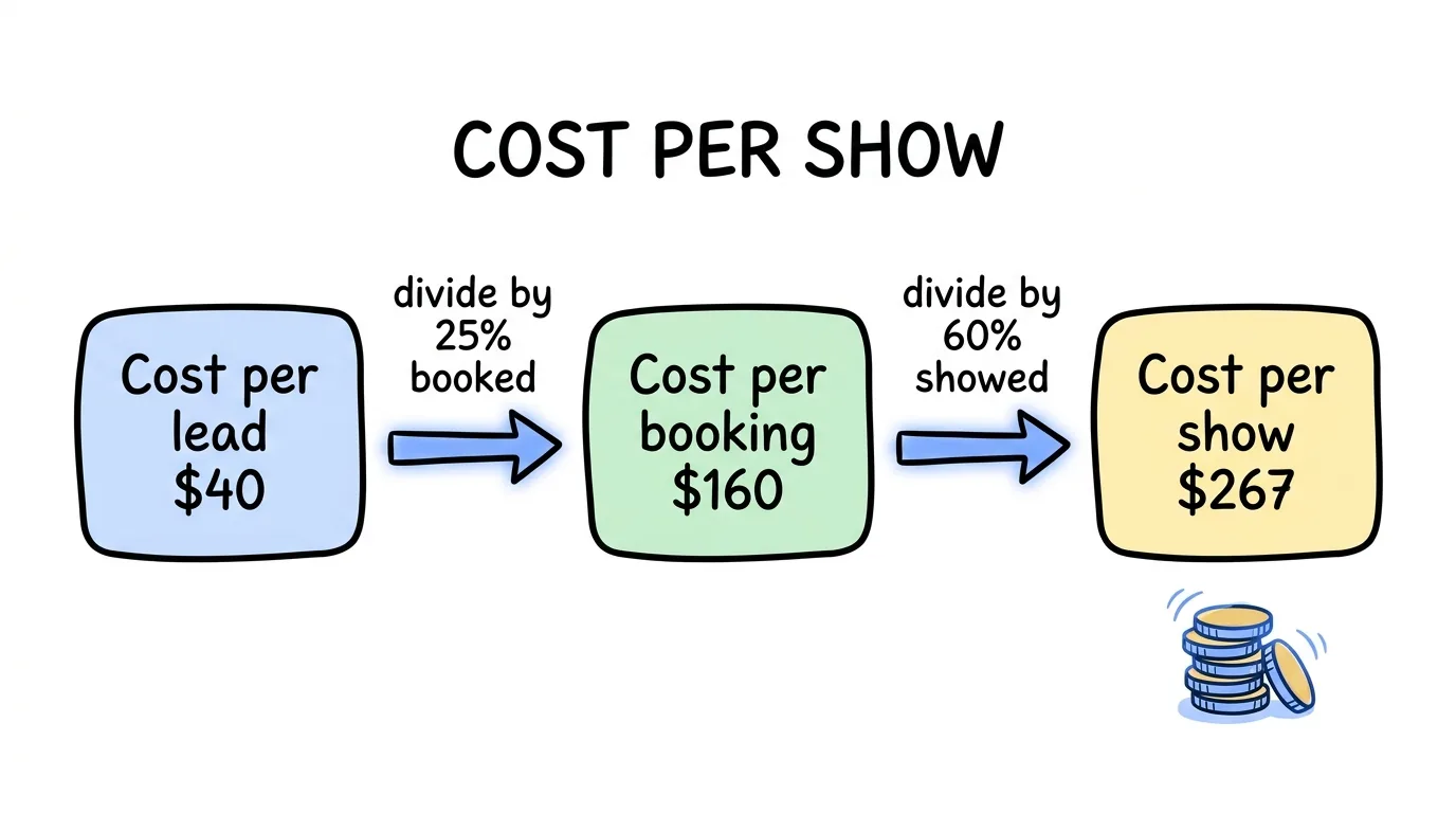 How to reduce no-show appointments explained through the cost chain from cost per lead to cost per booking to cost per show