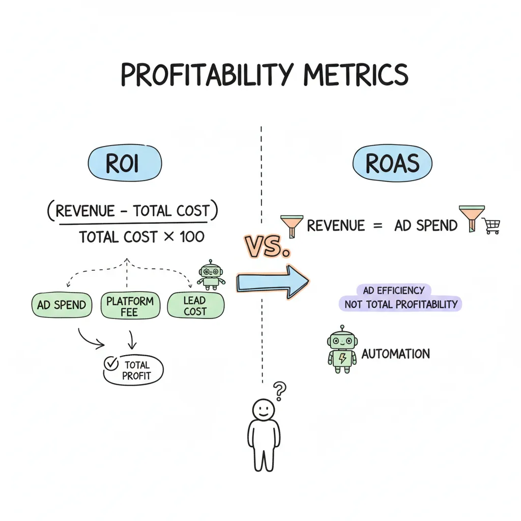 ROI vs ROAS formula comparison for lead generation campaigns side by side on whiteboard