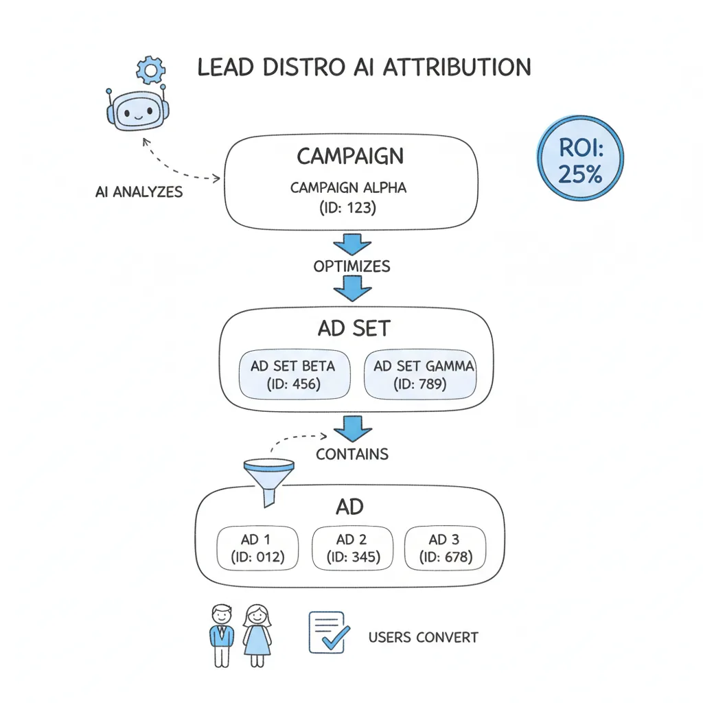 ROI tracking for lead generation shown through Lead Distro AI attribution panel with campaign hierarchy