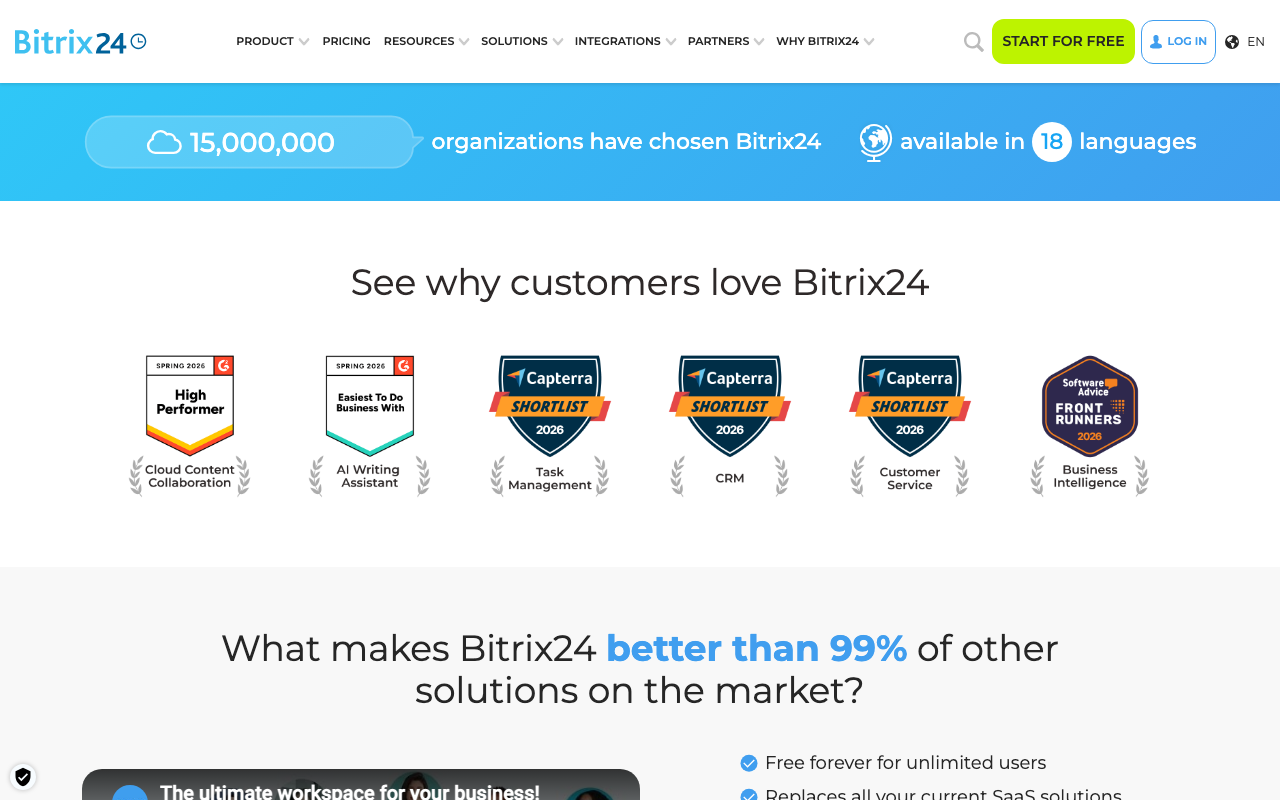 Bitrix24 homepage, free CRM and collaboration platform