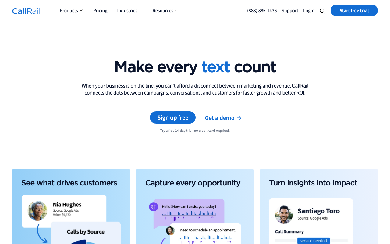 CallRail homepage, call tracking and analytics platform