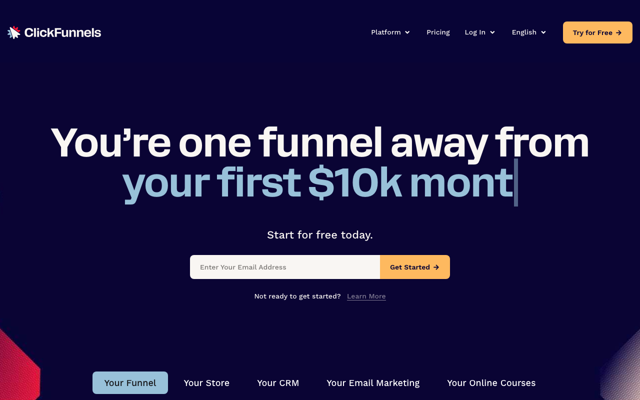 ClickFunnels homepage, sales funnel builder