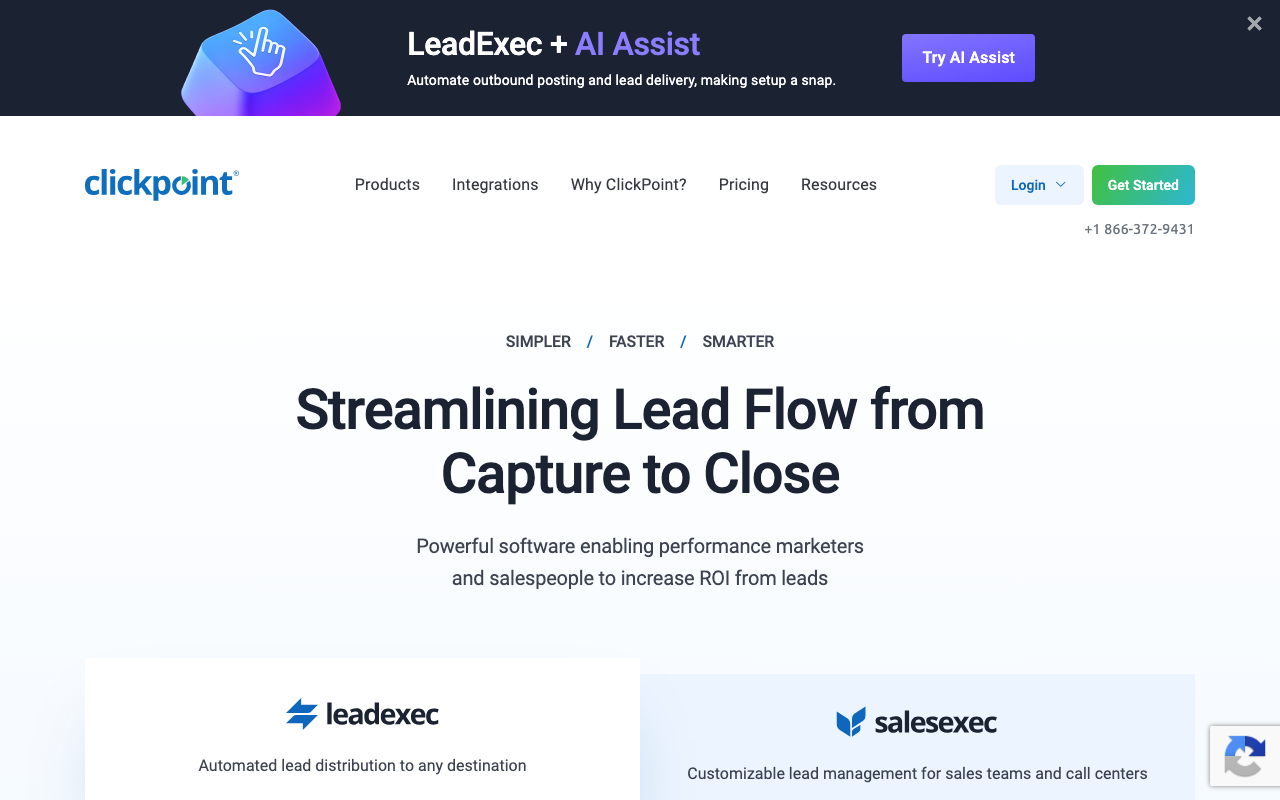 ClickPoint Software homepage, lead management software