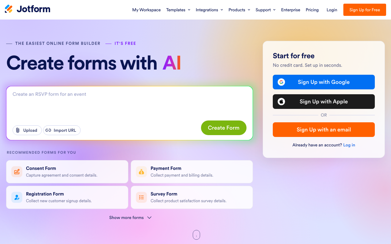 Jotform homepage, AI form builder