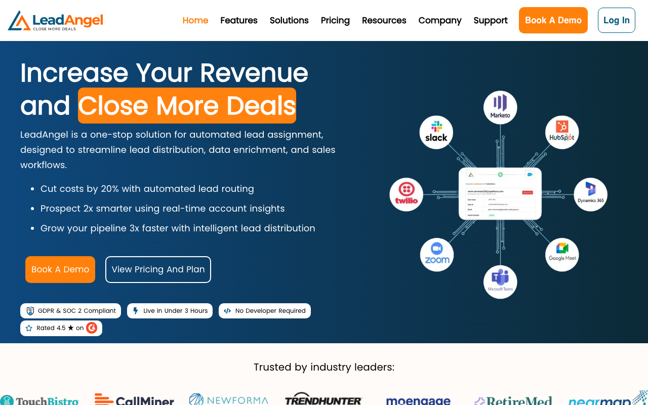 LeadAngel homepage, lead-to-account matching platform