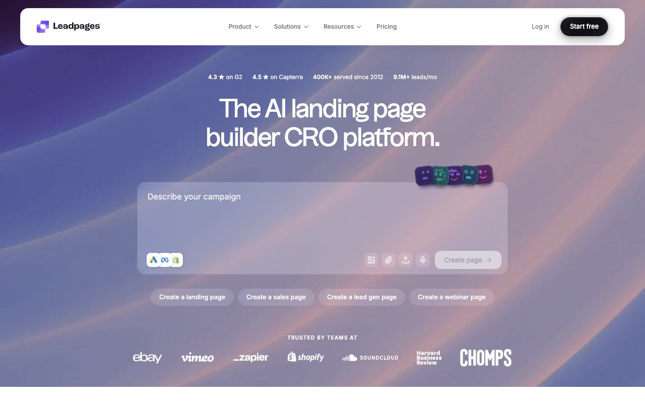 Leadpages homepage, AI landing page builder and CRO platform