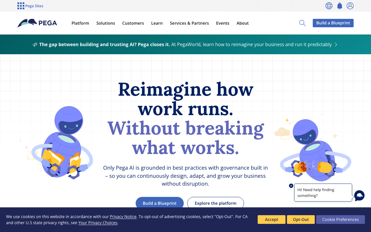 Pega Marketing AI homepage, enterprise AI decisioning platform