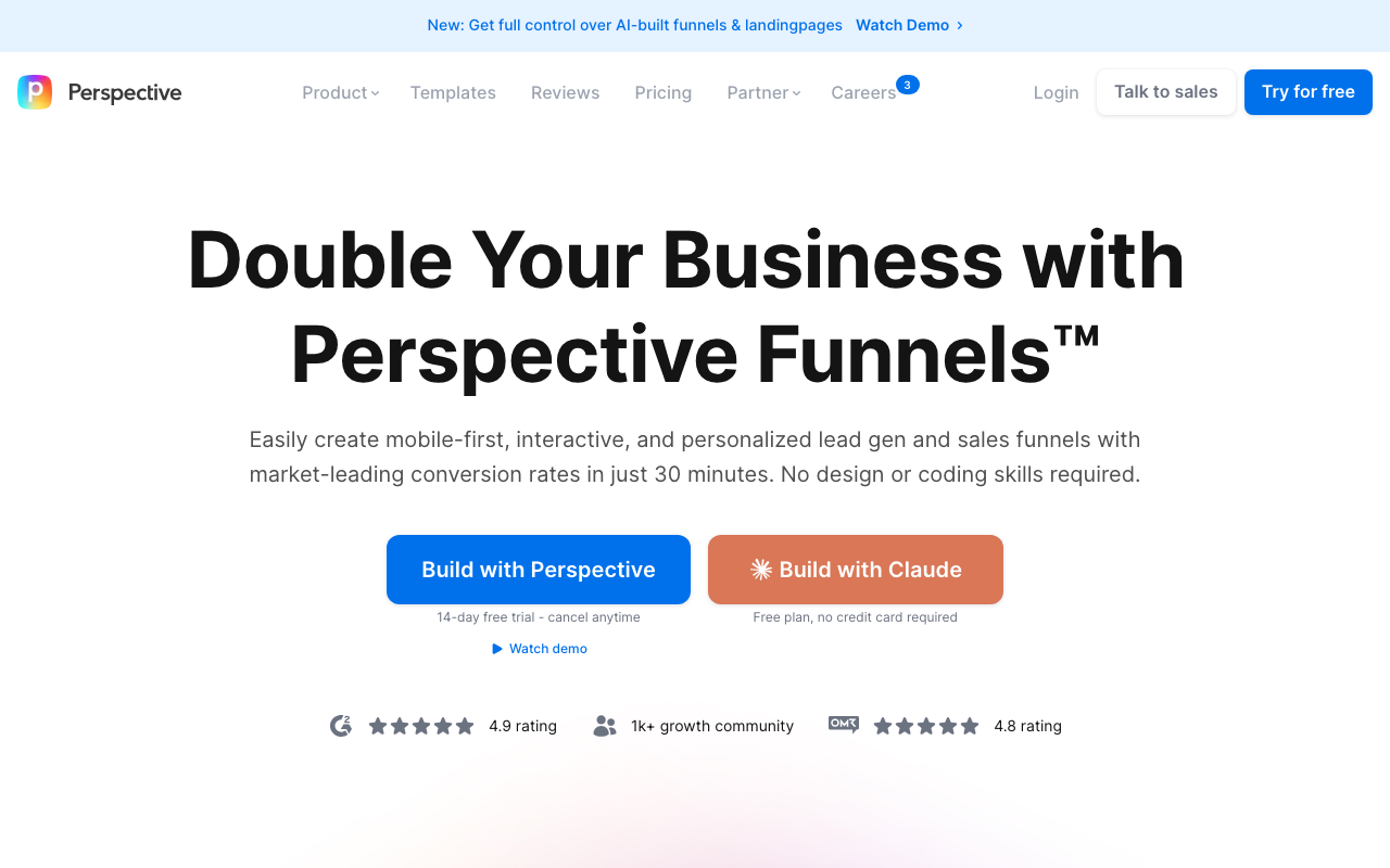 Perspective homepage, mobile-first funnel builder