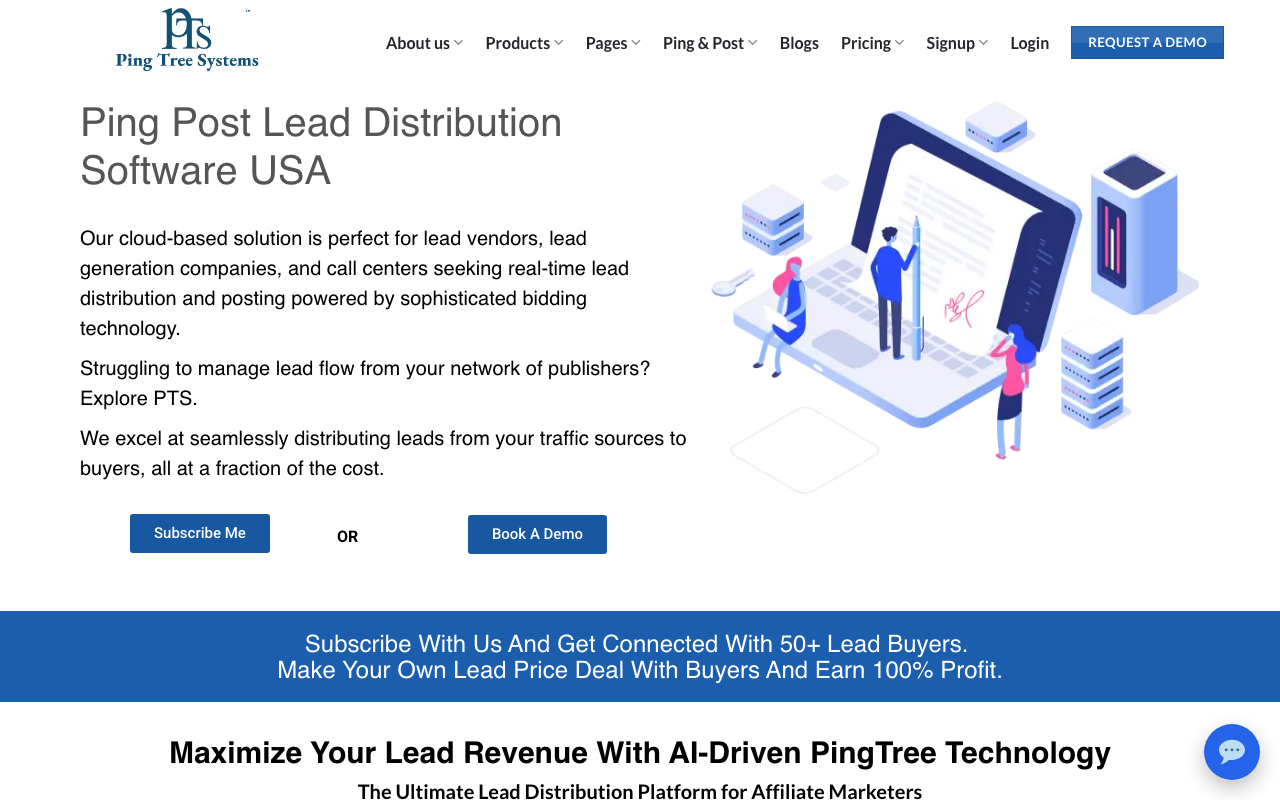 Ping Tree Systems homepage, ping-post marketplace platform