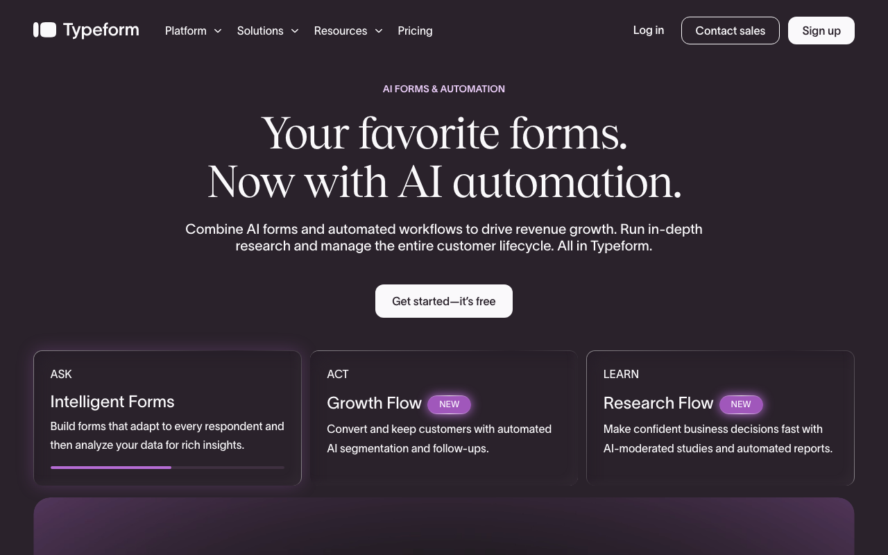 Typeform homepage, AI forms and automation