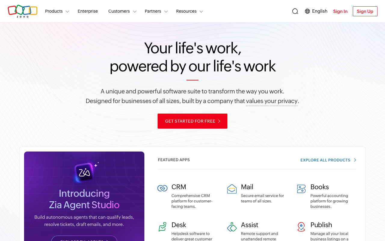 Zoho CRM homepage, business software suite