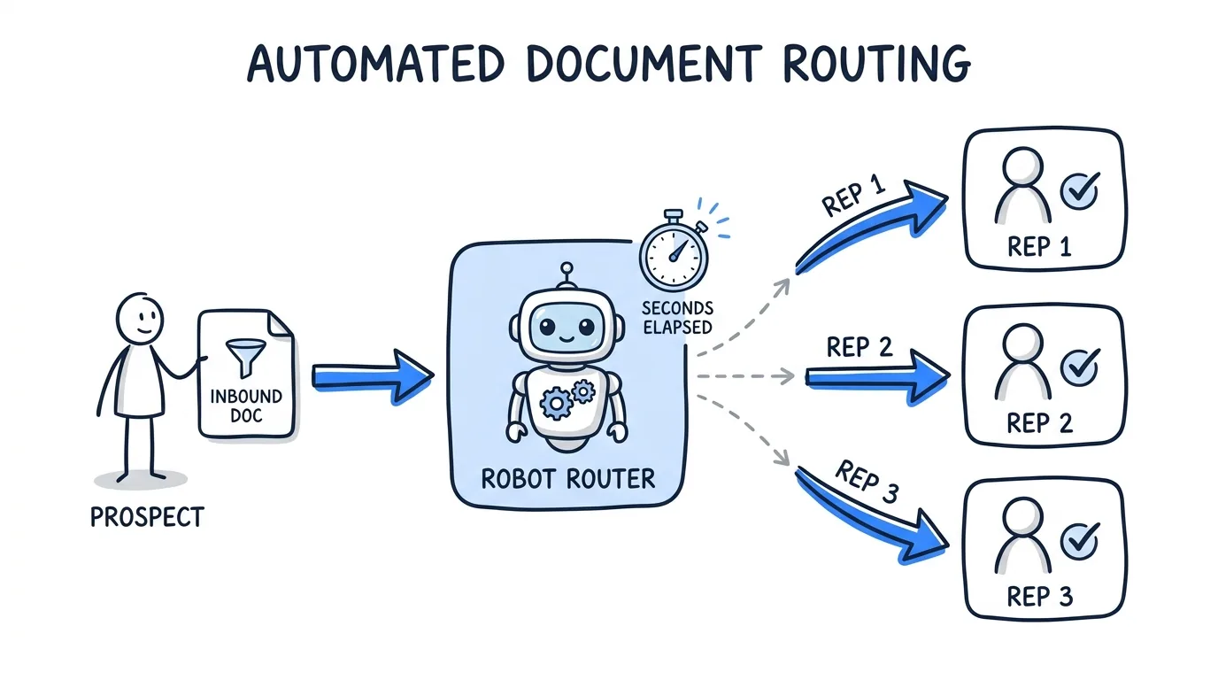 speed to lead shown through a router instantly splitting an inbound lead to three available reps in seconds